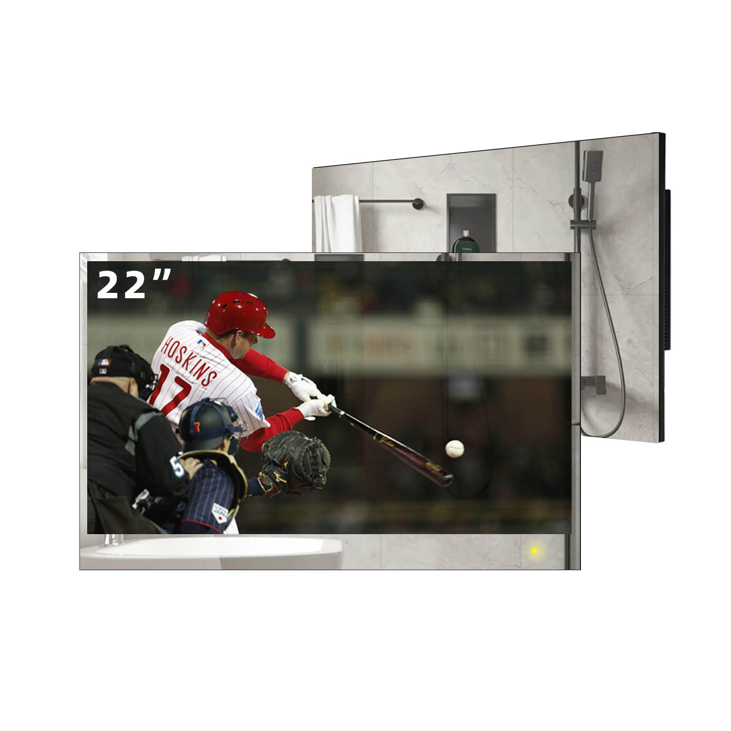 尺寸：1135*1808mm 屏幕尺寸：32寸 使用场景：餐厅魔镜 详情：采用全尺寸精准测绘技术，实现镜面与空间的毫米级契合。中央区域搭载智能魔镜系统，完美演绎镜面与智能电视的无缝切换。两侧镜面特别采用45°斜角拼接工艺，通过精密光学计算实现视觉美观效果。