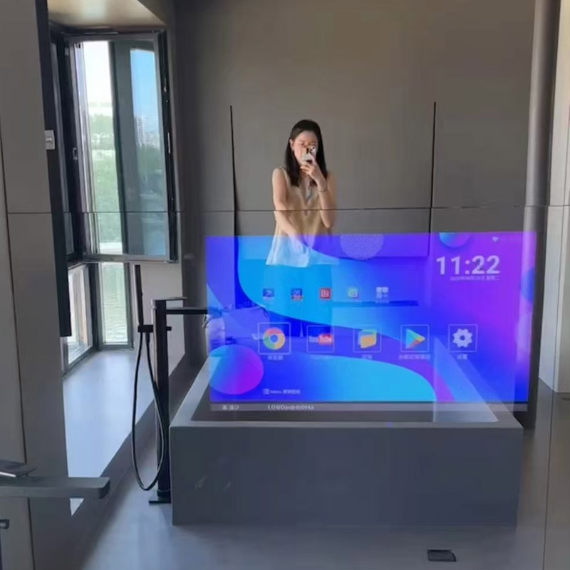 尺寸：2325*2469mm 屏幕尺寸：42寸 使用场景：浴室魔镜电视 详情：镜面加大至整面墙，现场实物非常高端。普通电视的功能镜面电视都有，看电影，看电视，听音乐，投屏，样样俱全。操控方式不仅可以遥控，还可以触摸，触控采用10点纳米精准触控，实现湿手/水雾操作。开机是电视，关机是一整面镜子。